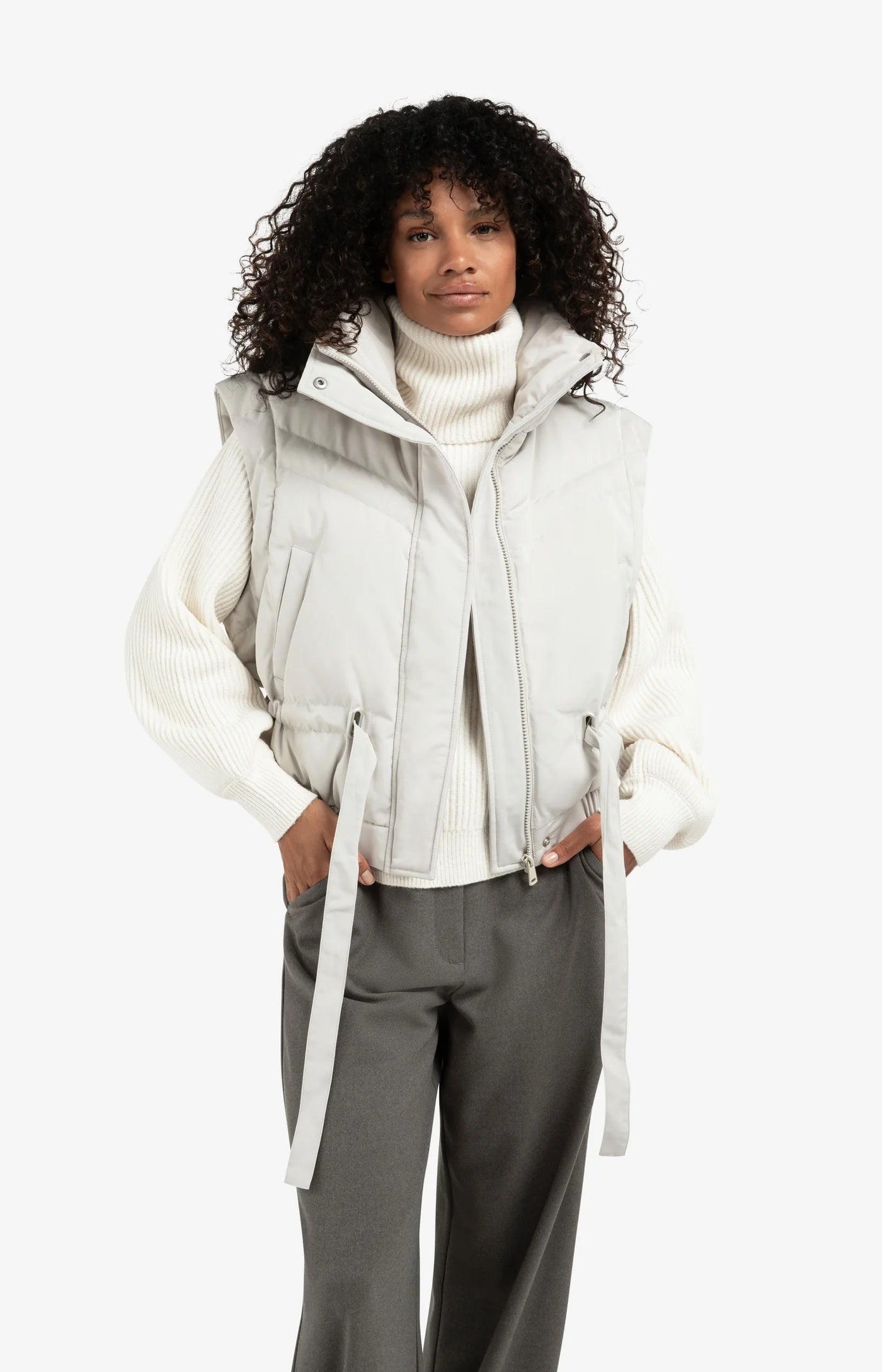 Oversized Crop Nylon Jacket with Detachable Sleeves - Cloud Grey