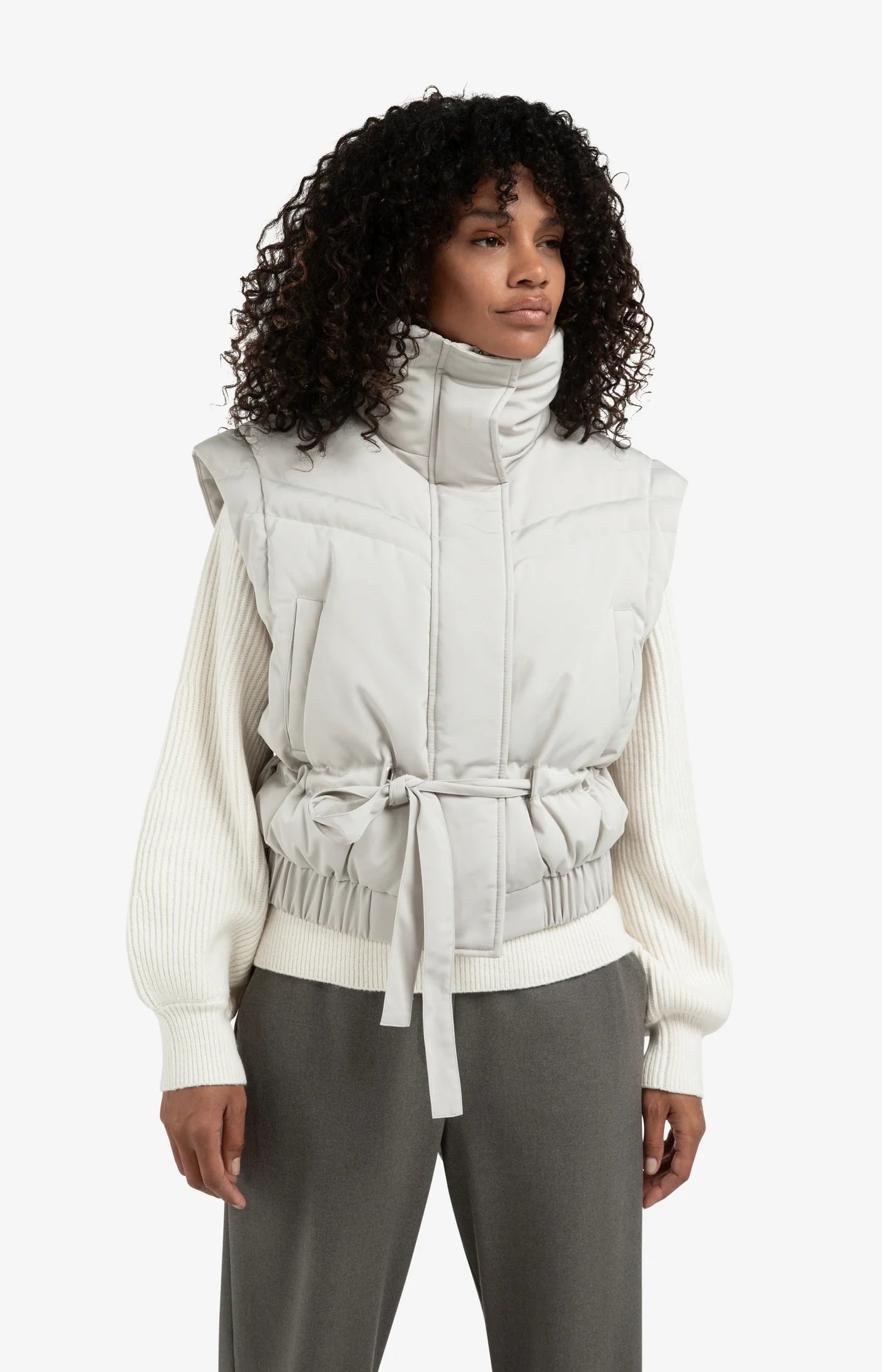 Oversized Crop Nylon Jacket with Detachable Sleeves - Cloud Grey