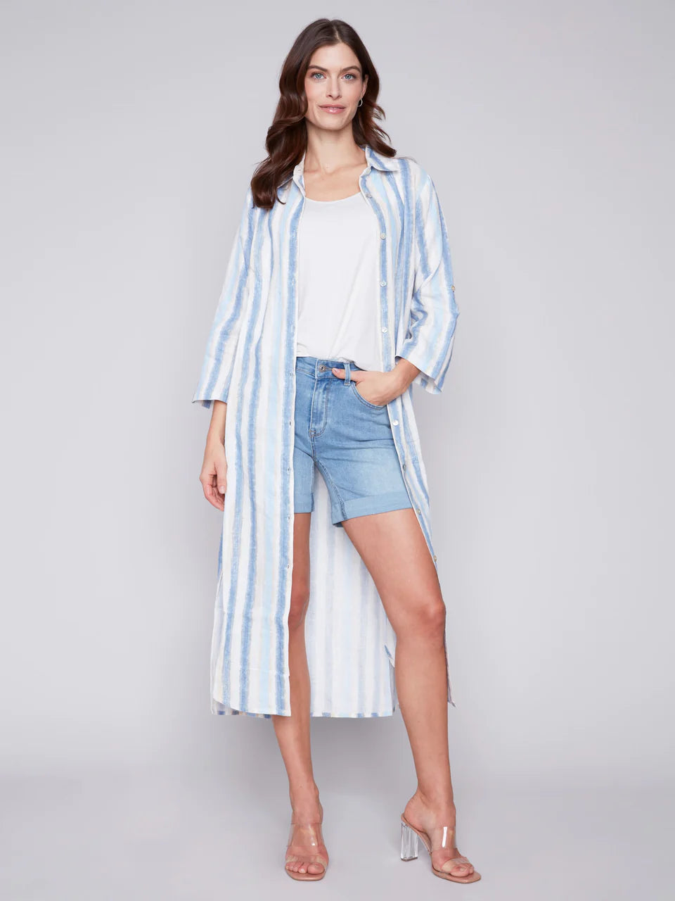 Printed Roll Up Sleeves Long Duster