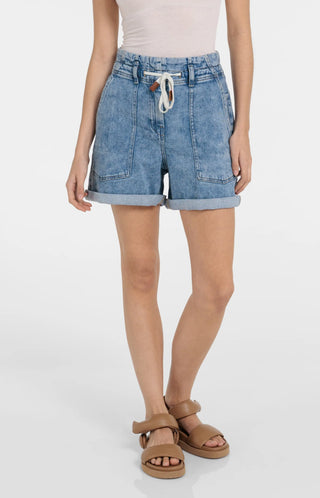 Denim shorts with drawstring waist and patch pockets