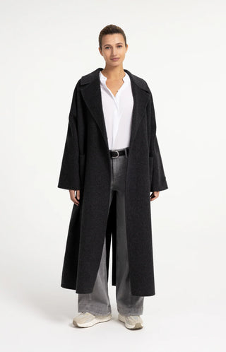 Extra long wool blend coat with oversized fit - Hole Black Melange