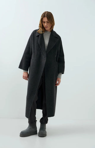 Extra long wool blend coat with oversized fit - Hole Black Melange