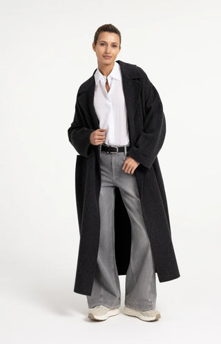 Extra long wool blend coat with oversized fit - Hole Black Melange