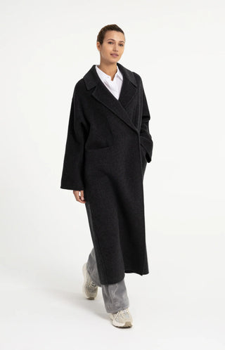 Extra long wool blend coat with oversized fit - Hole Black Melange