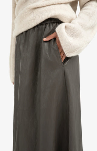 Faux Leather A-Line Midi Skirt with Pockets