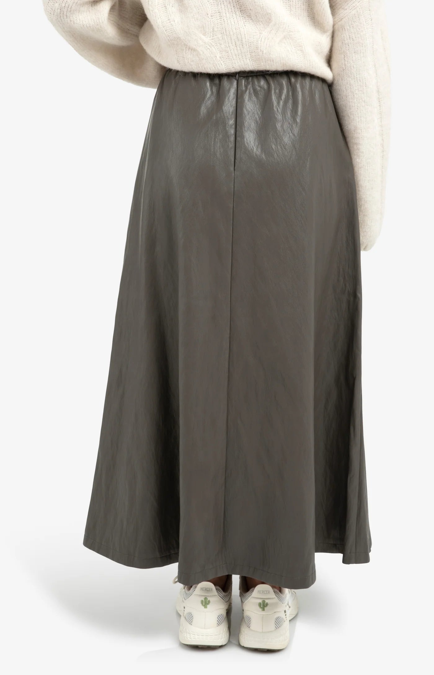 Faux Leather A-Line Midi Skirt with Pockets