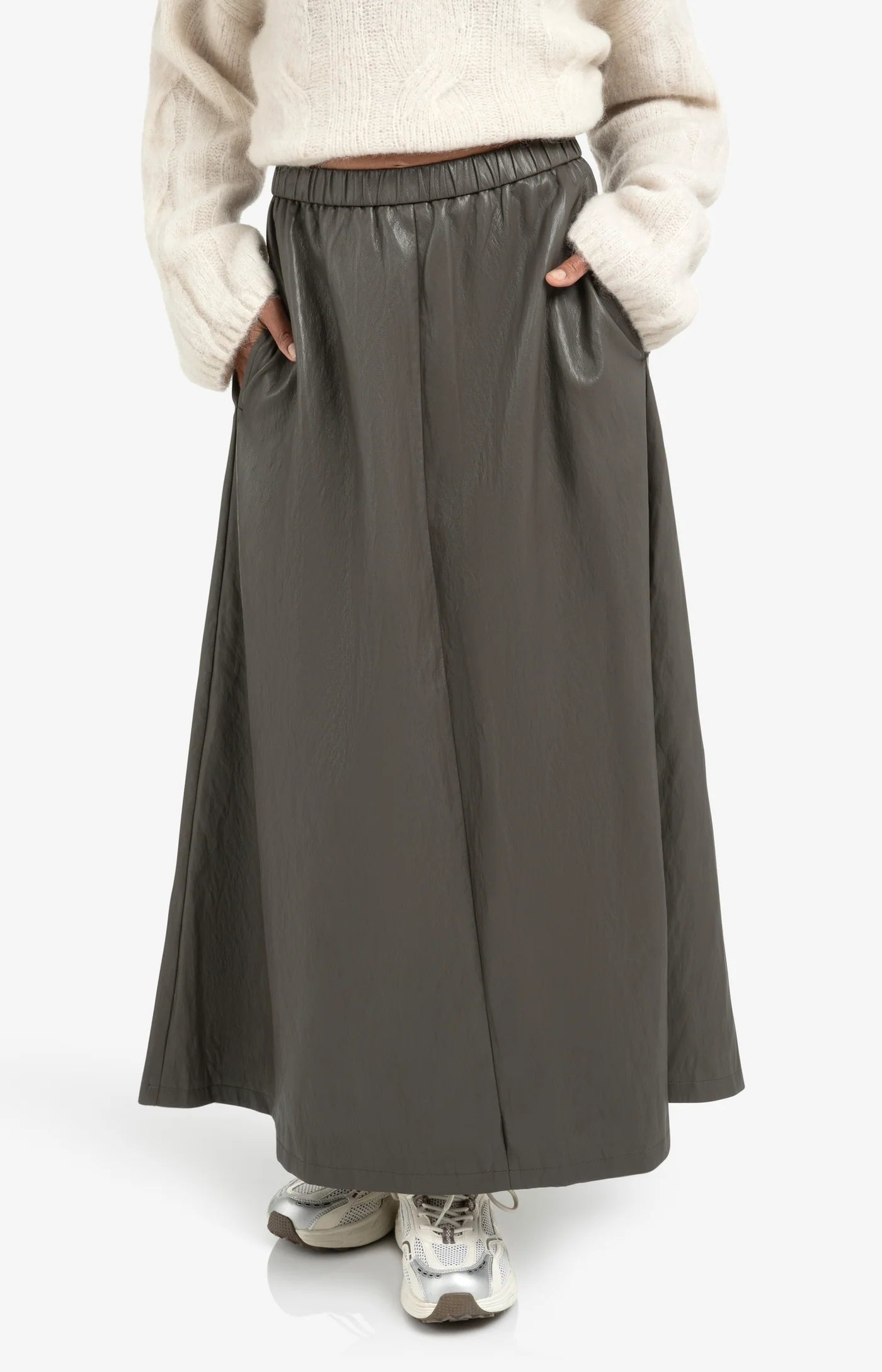 Faux Leather A-Line Midi Skirt with Pockets