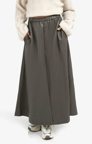 Faux Leather A-Line Midi Skirt with Pockets