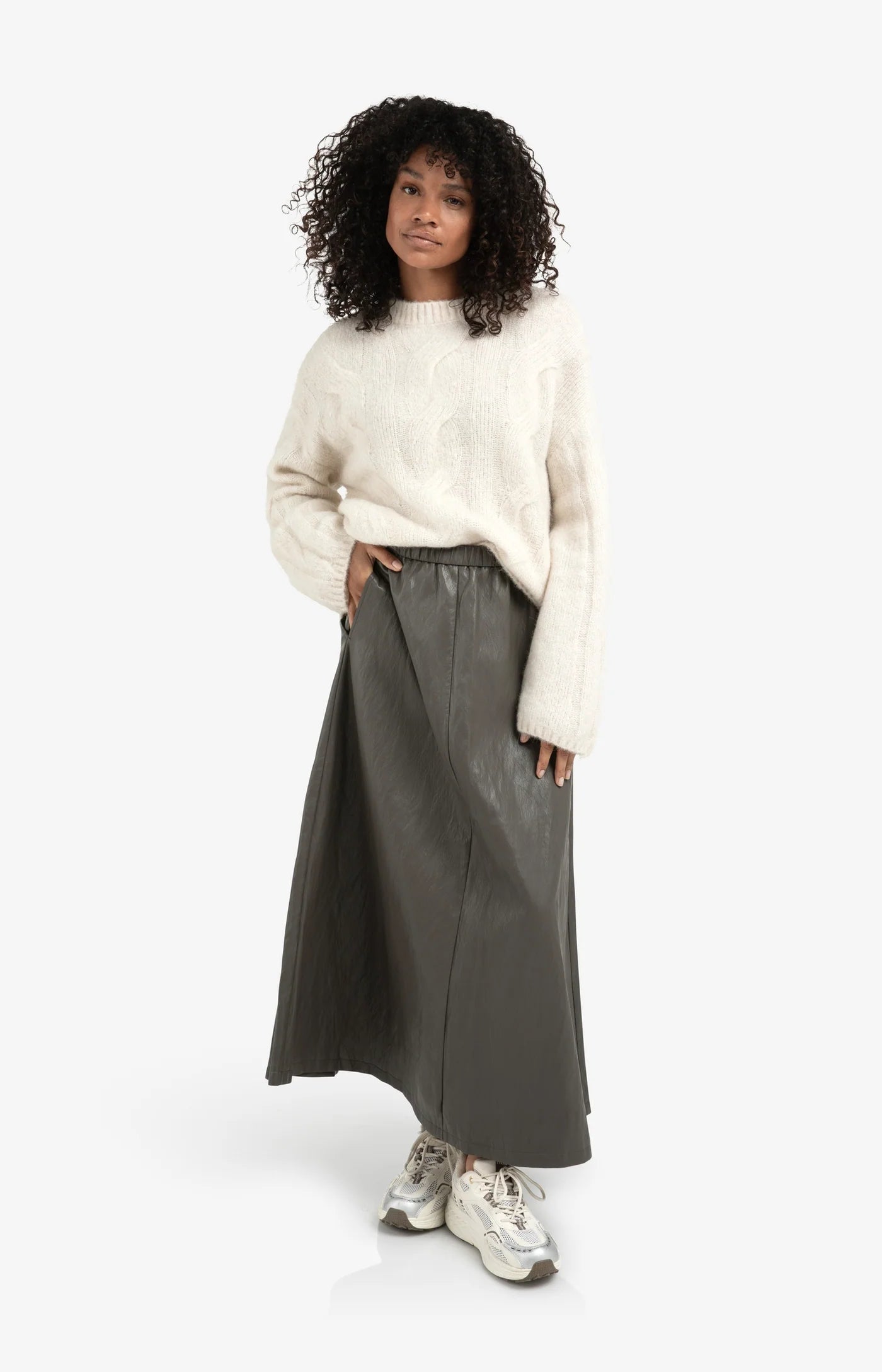 Faux Leather A-Line Midi Skirt with Pockets