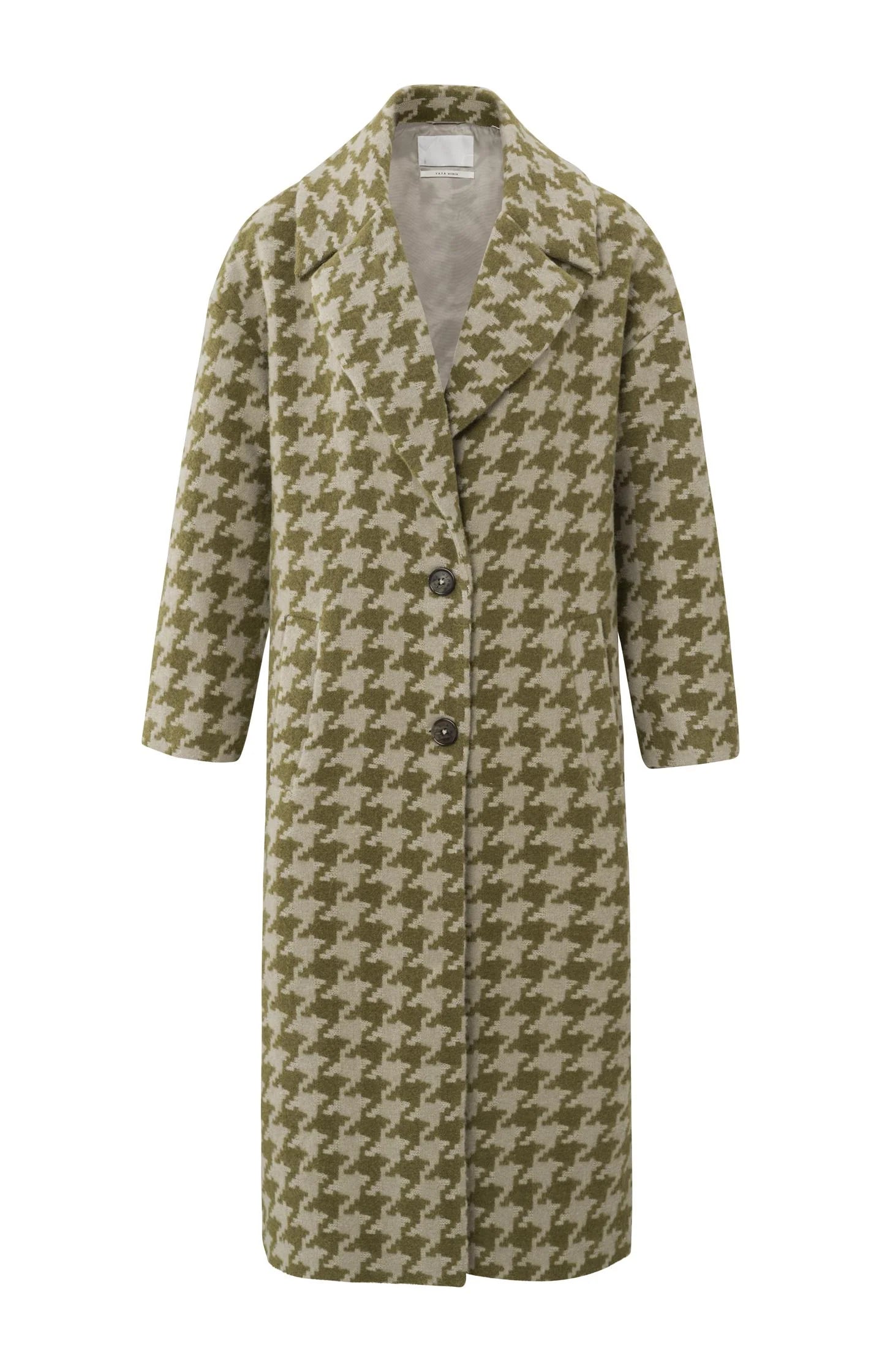 Gothic Olive Green Houndstooth coat with long sleeves, pockets and buttons