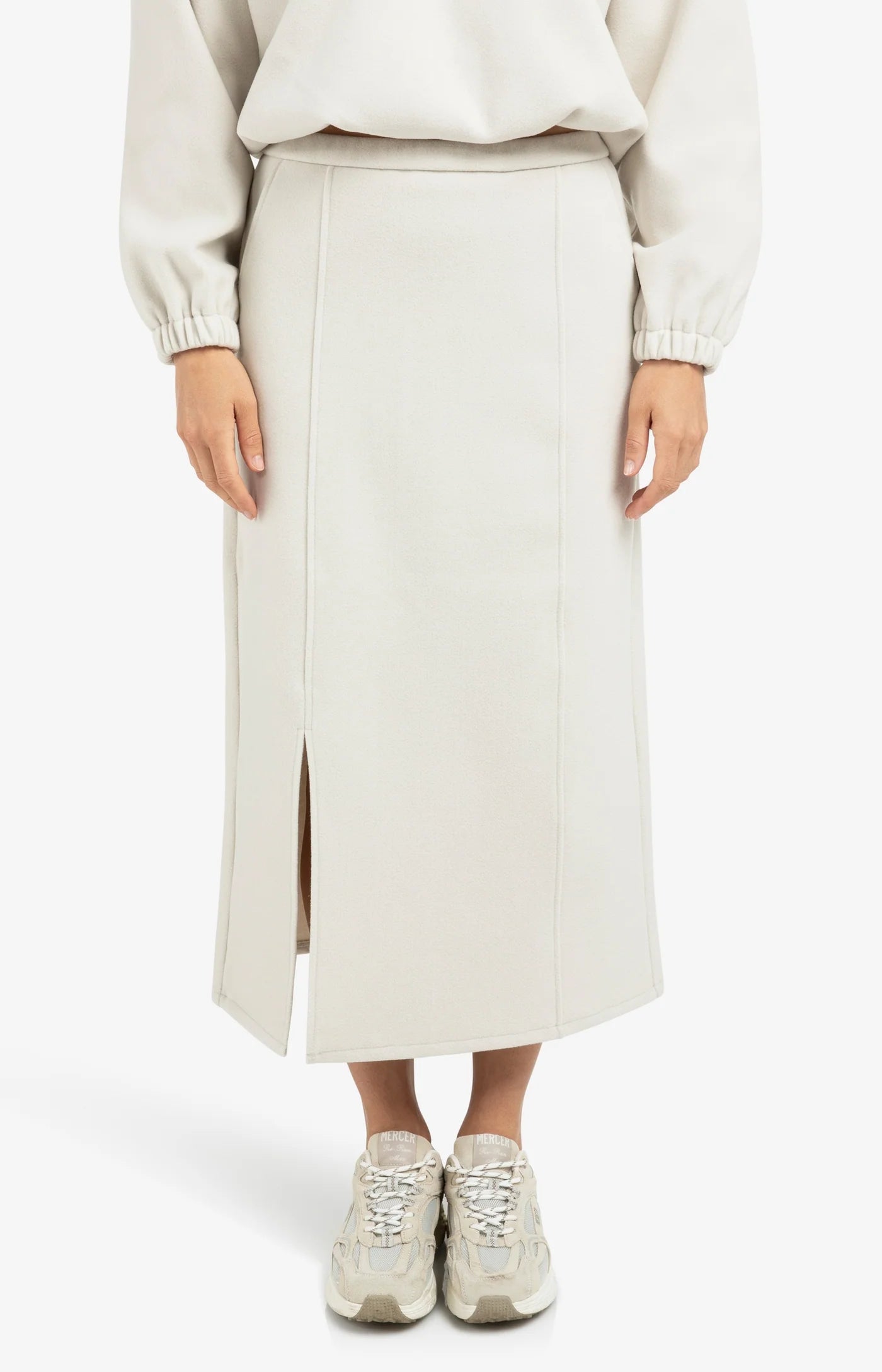 Jersey Midi Skirt with Elastic Waistband & Front Slit - Cloudy Grey Melange