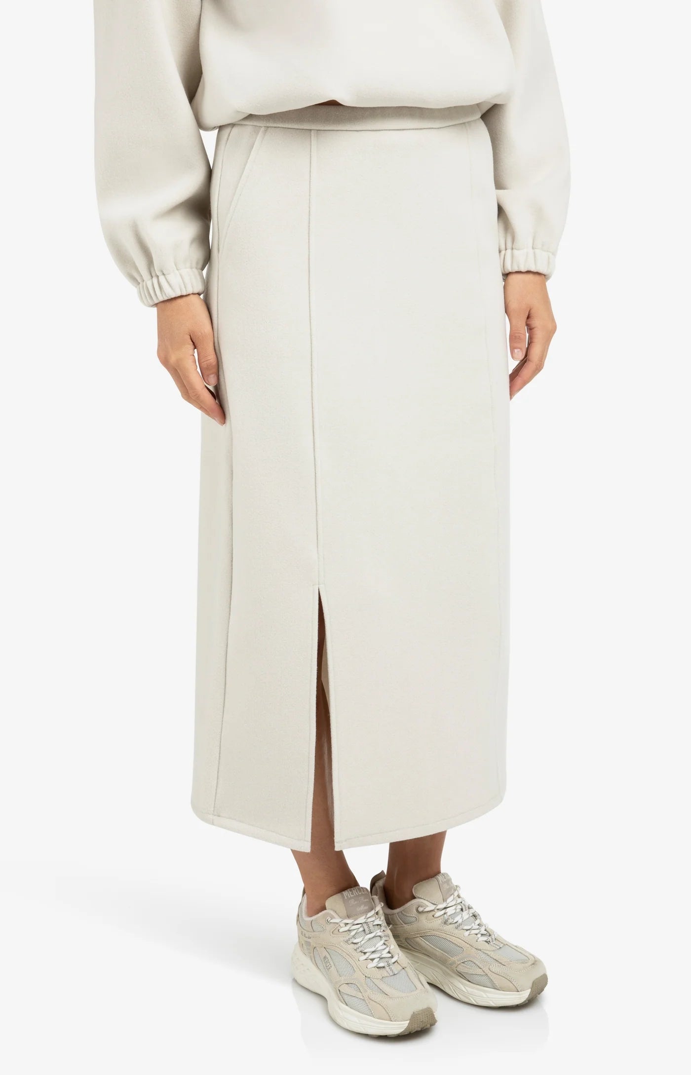 Jersey Midi Skirt with Elastic Waistband & Front Slit - Cloudy Grey Melange
