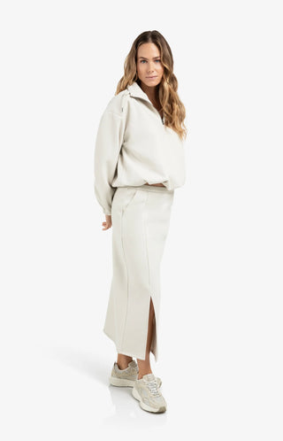 Jersey Midi Skirt with Elastic Waistband & Front Slit - Cloudy Grey Melange
