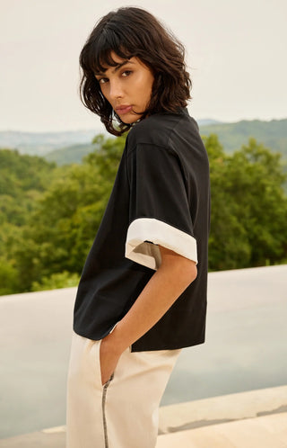 Jersey Top with Woven Details in Black