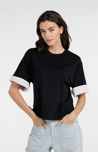 Jersey Top with Woven Details in Black