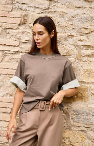 Jersey Top with Woven Details in Deep Taupe Brown