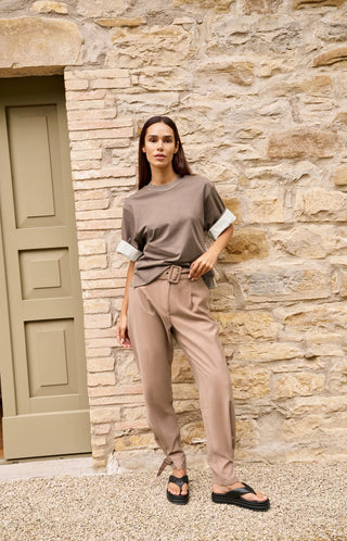 Jersey Top with Woven Details in Deep Taupe Brown