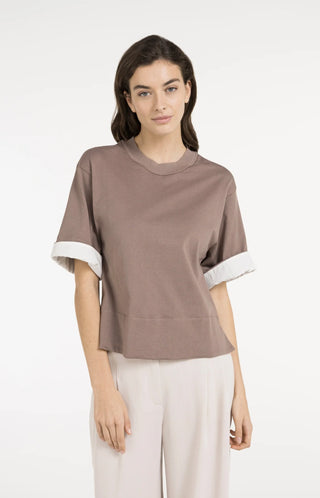 Jersey Top with Woven Details in Deep Taupe Brown