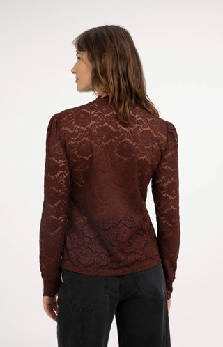 Lace Top with High Neck in Bitter Chocolate