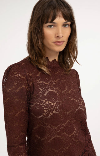 Lace Top with High Neck in Bitter Chocolate