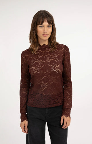 Lace Top with High Neck in Bitter Chocolate
