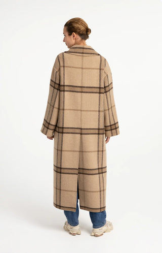 Long Checked Wool Blend Coat with Oversized Fit
