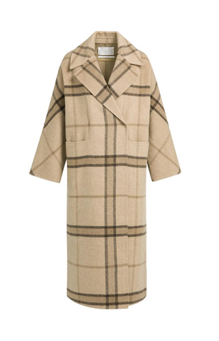 Long Checked Wool Blend Coat with Oversized Fit