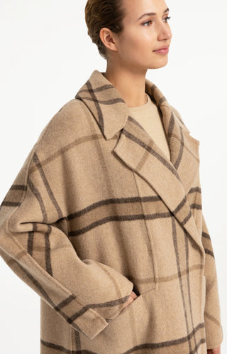 Long Checked Wool Blend Coat with Oversized Fit