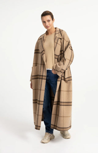 Long Checked Wool Blend Coat with Oversized Fit