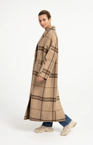 Long Checked Wool Blend Coat with Oversized Fit