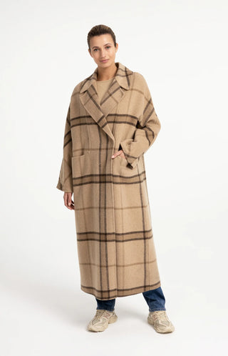 Long Checked Wool Blend Coat with Oversized Fit