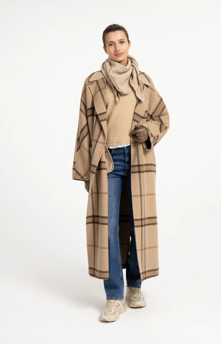 Long Checked Wool Blend Coat with Oversized Fit