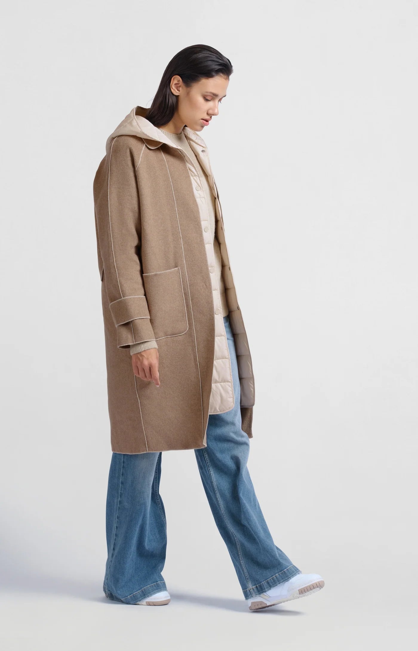 Long coat with quilted body warmer and pockets