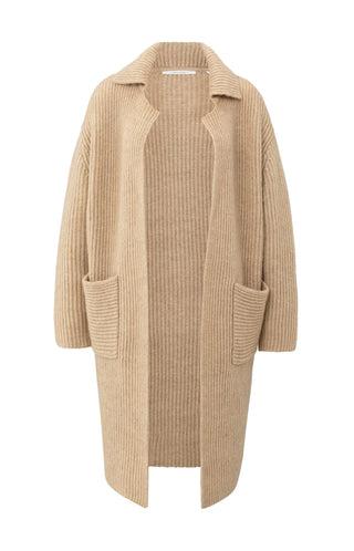 Long Heavy Knit Cardigan With Collar & Patch Pockets