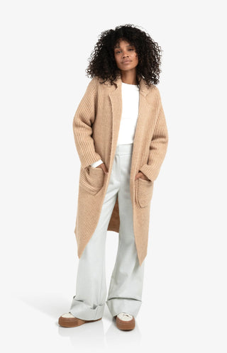 Long Heavy Knit Cardigan With Collar & Patch Pockets