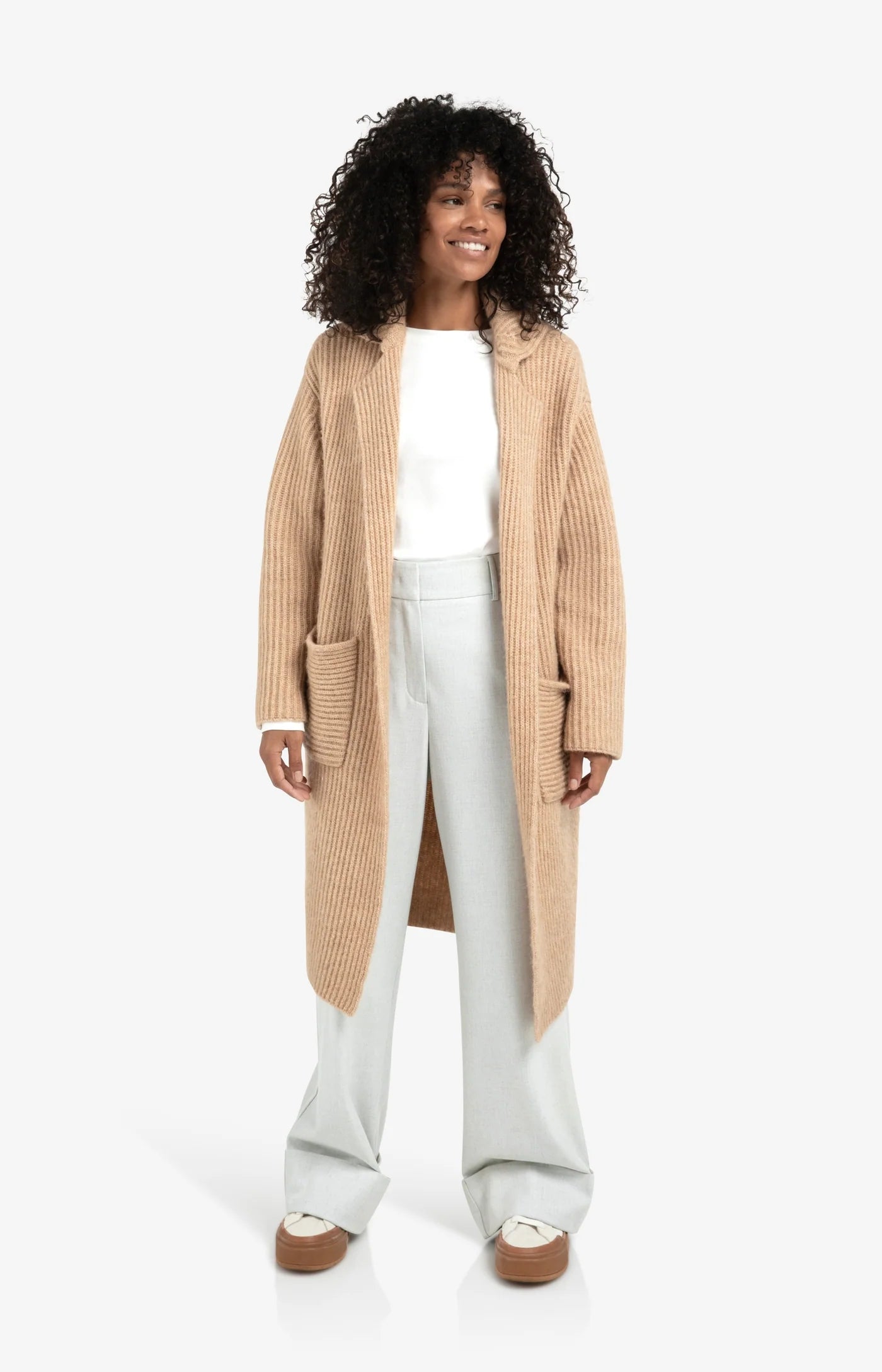 Long Heavy Knit Cardigan With Collar & Patch Pockets