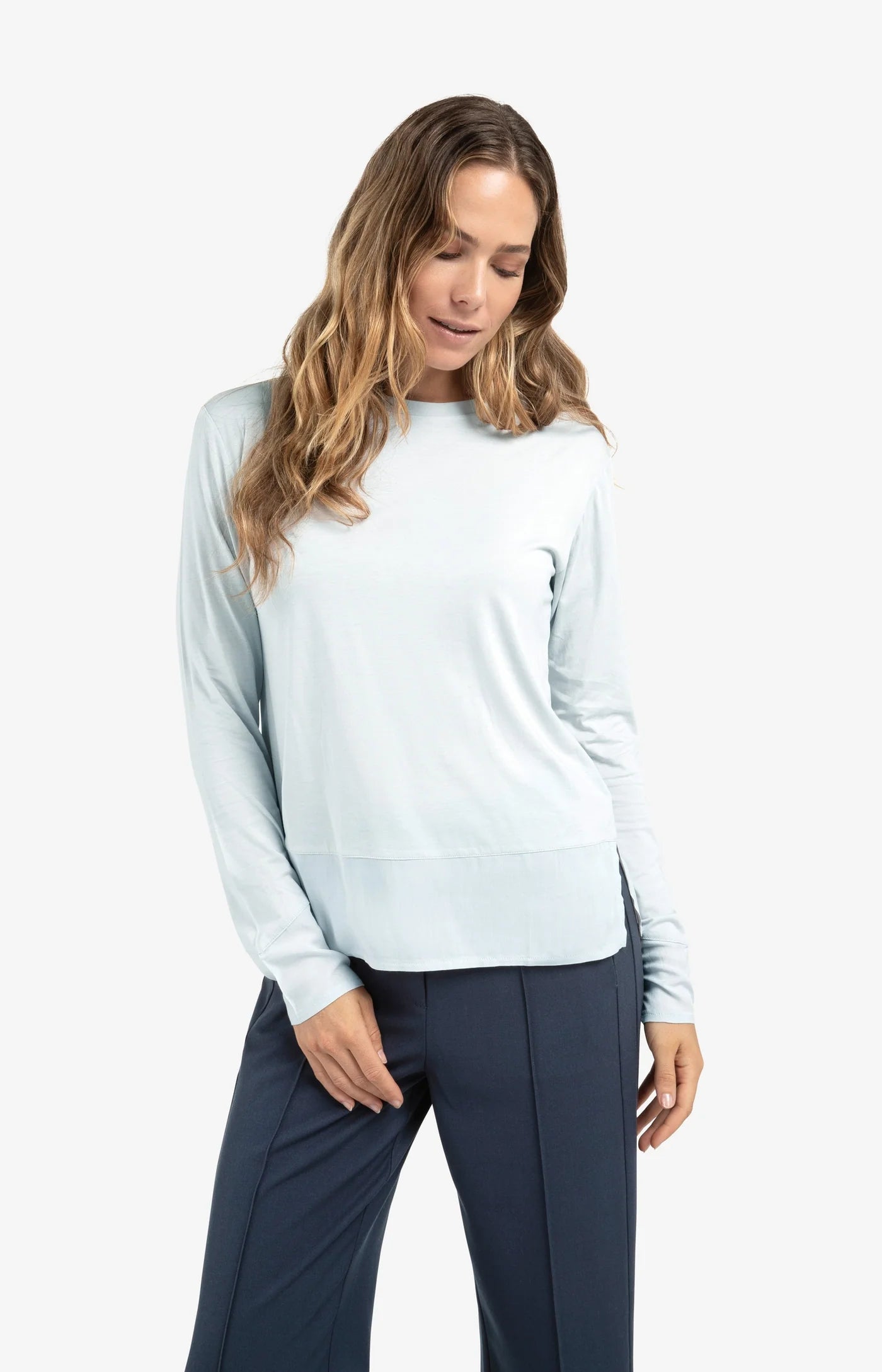 Long Sleeve Top with Woven Hem & Cuff Details - Secret Spaces Grey