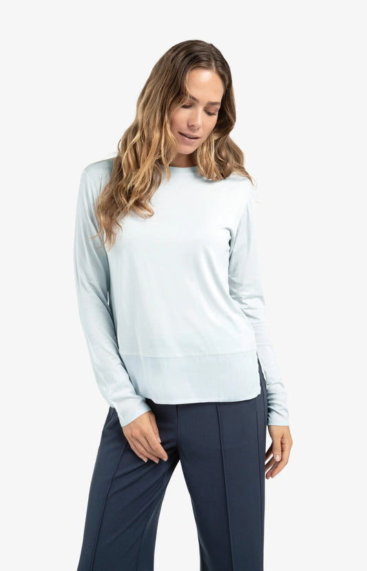 Long Sleeve Top with Woven Hem & Cuff Details - Secret Spaces Grey