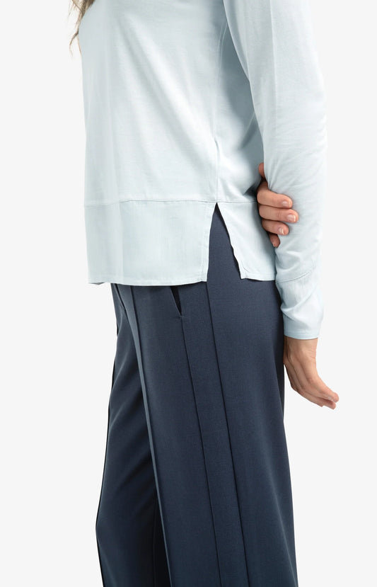 Long Sleeve Top with Woven Hem & Cuff Details - Secret Spaces Grey