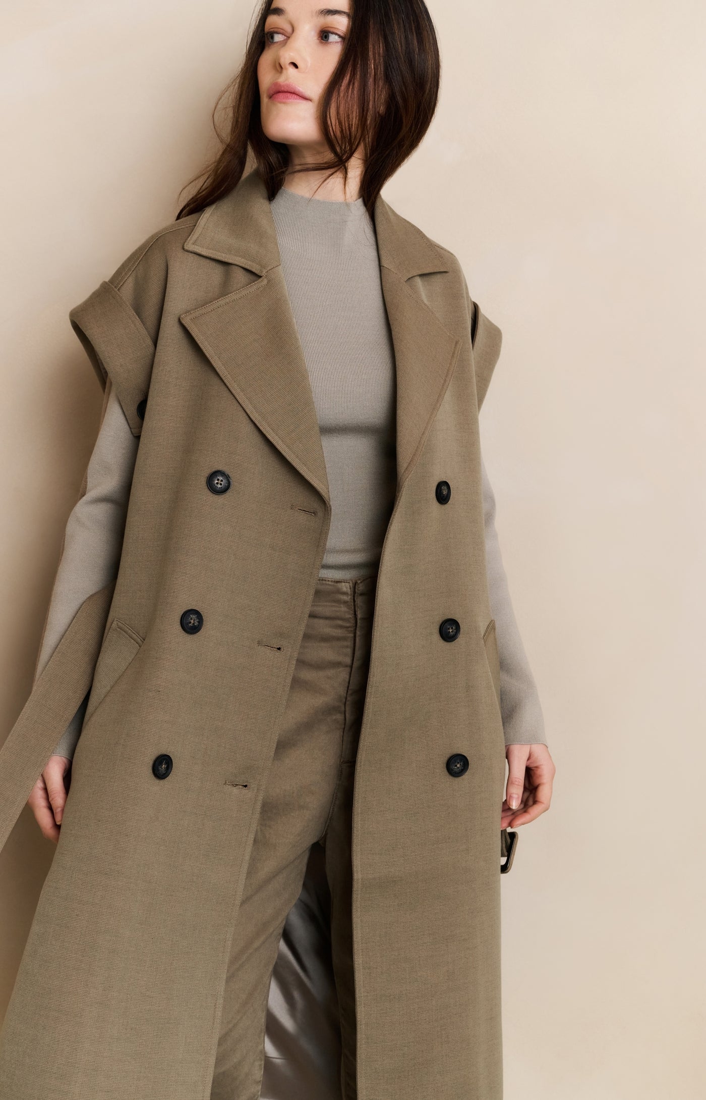 Long Woven Sleeveless Jacket