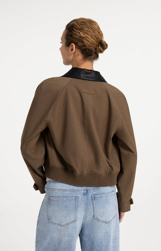 Woven Melange Jacket with Faux Leather Collar