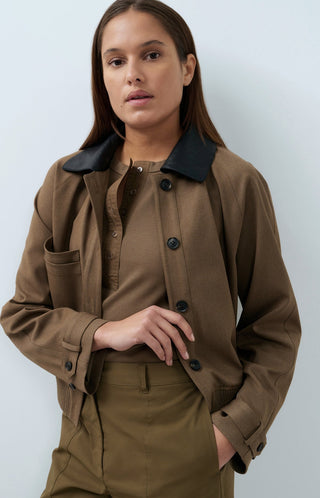 Woven Melange Jacket with Faux Leather Collar