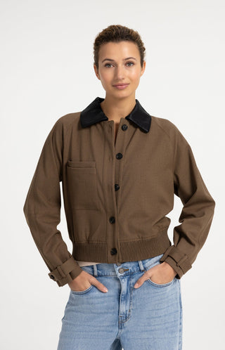 Woven Melange Jacket with Faux Leather Collar