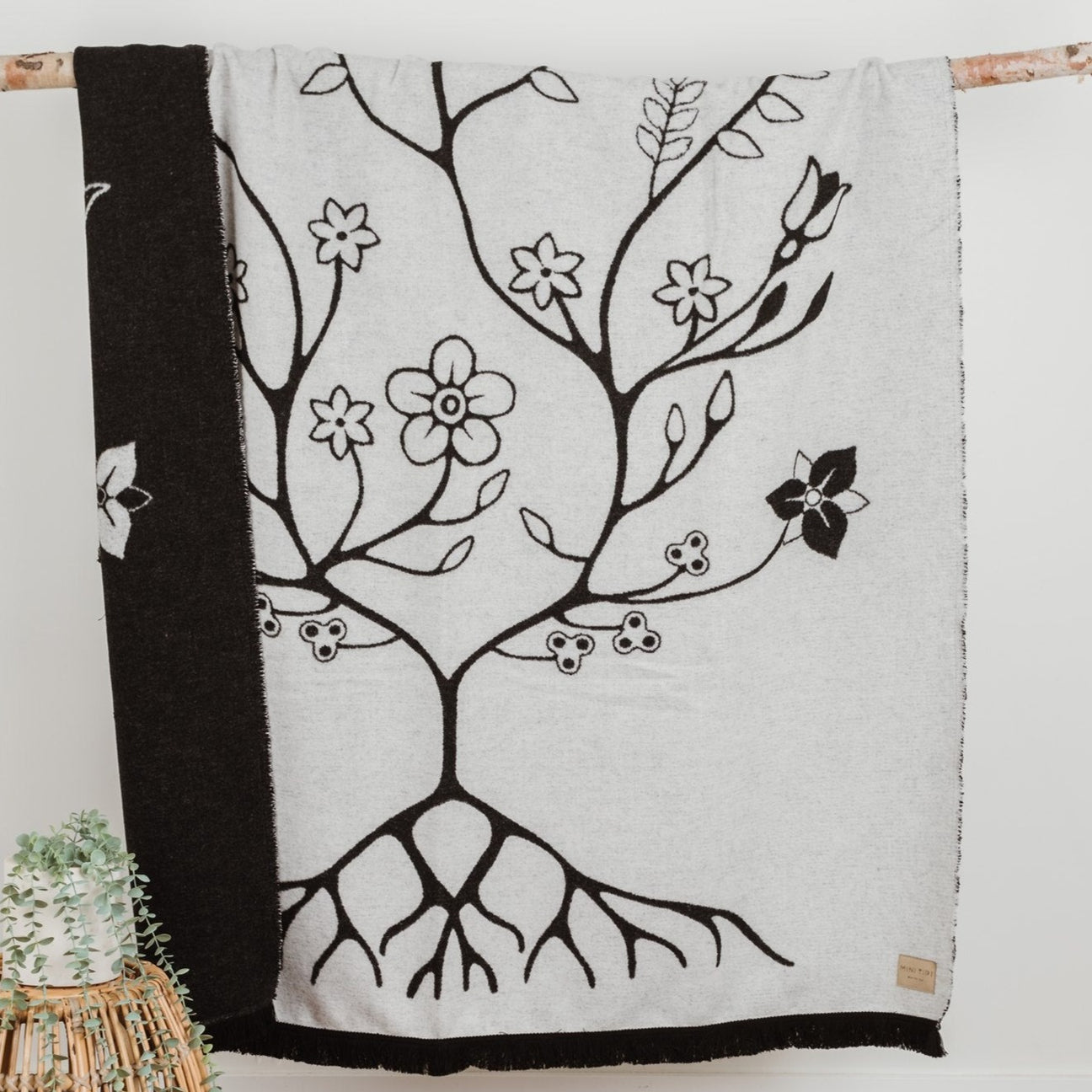 Black and White Woodland Floral Panel Blanket