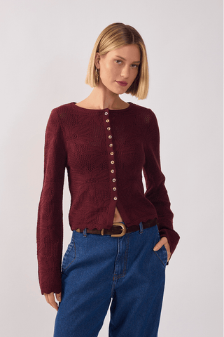 Casaqueto Tricot Jacquard Floral Cardigan