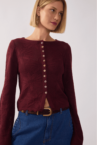 Casaqueto Tricot Jacquard Floral Cardigan
