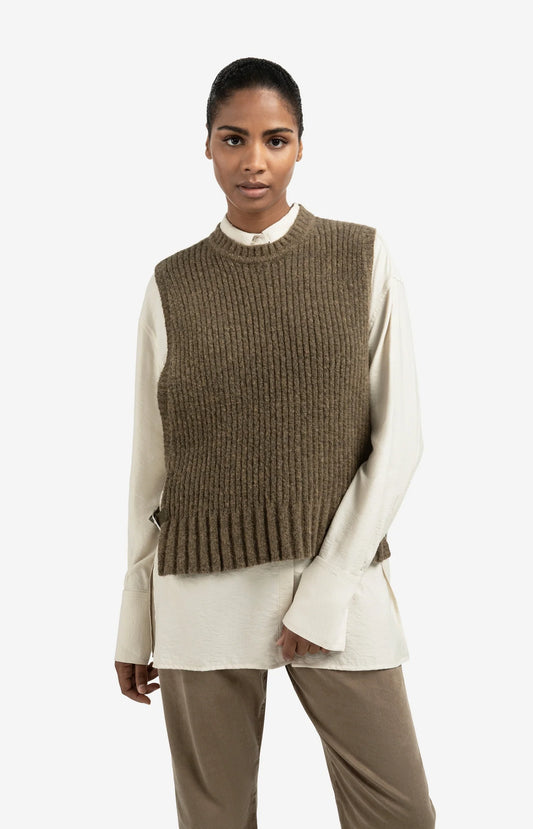 Ribbed Sleeveless Sweater with Side Buckles in Brownish Green