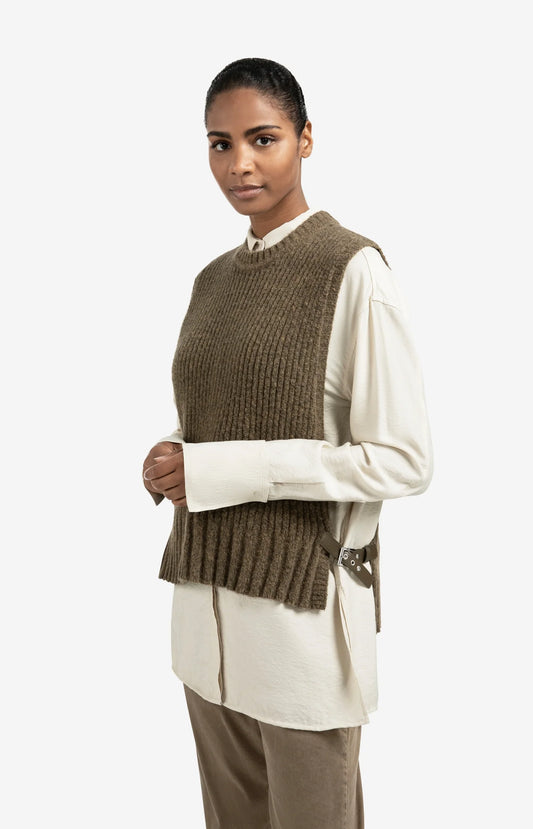 Ribbed Sleeveless Sweater with Side Buckles in Brownish Green
