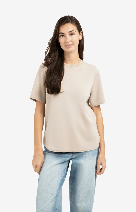 Short Sleeve Sweatshirt with Ribbed Knit Neckline - Oxford Tan Brown