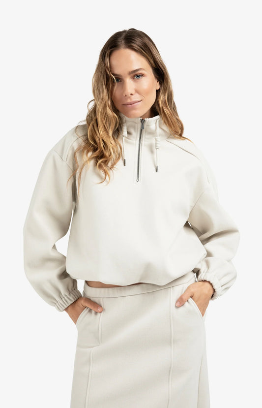 Sweatshirt with Balloon Sleeves & Zip Collar - Cloud Grey Melange
